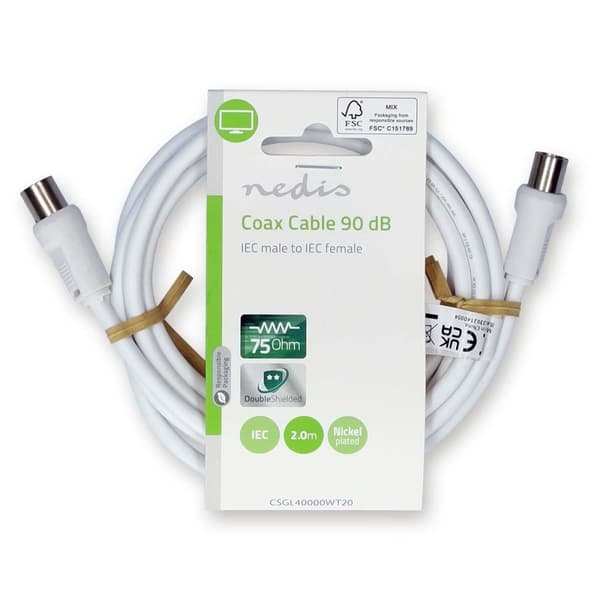 Coax Cable | IEC (Coax) Han | IEC (Coax) Hun | Nikkelplateret | 90 dB | 75 Ohm | Dobbelt afskærmet | 2.00 m | Runde | PVC | Hvid | Label