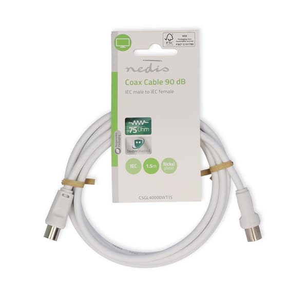 Coax Cable | IEC (Coax) Han | IEC (Coax) Hun | Nikkel belagt | 90 dB | 75 Ohm | Dobbelt skjermet | 1.50 m | Rund | PVC | Hvit | Label