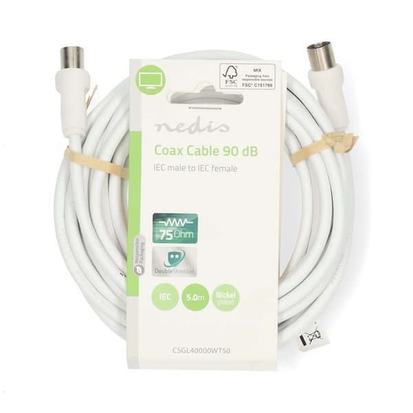 Coax Cable | IEC (Coax) Han | IEC (Coax) Hun | Nikkelplateret | 90 dB | 75 Ohm | Dobbelt afskærmet | 5.00 m | Runde | PVC | Hvid | Label