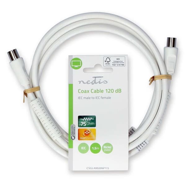 Coax Cable | IEC (Coax) Han | IEC (Coax) Hun | Nikkelplateret | 120 dB | 75 Ohm | Quad Skærmet | 1.50 m | Runde | PVC | Hvid | Label