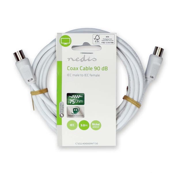Coax Cable | IEC (Coax) Han | IEC (Coax) Hun | Nikkelplateret | 90 dB | 75 Ohm | Dobbelt afskærmet | 3.00 m | Runde | PVC | Hvid | Label