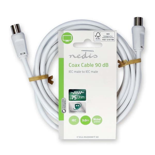 Coax Cable | IEC (Coax) Han | IEC (Coax) Han | Nikkel belagt | 90 dB | 75 Ohm | Dobbelt skjermet | 3.00 m | Rund | PVC | Hvit | Label