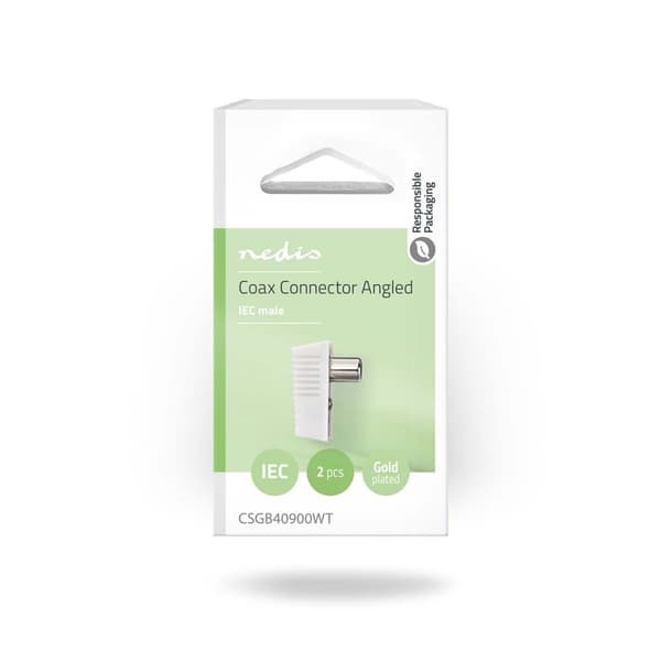 IEC (Coax) Stik | Vinklet | Han | Nikkelplateret | 75 Ohm | Skru | Kabeldiameter: 7.0 mm | Metal / PVC | Hvid | 2 stk. | Box