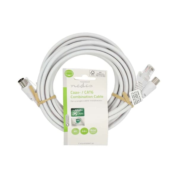 Coax & Cat6 Combi Cable | IEC (Koax) Hane / RJ45 hane | IEC (Koax) Hona / RJ45 hane | Nickelplaterad | RG58 | 75 Ohm | Dubbelskärmad | 3.00 m | Rund |