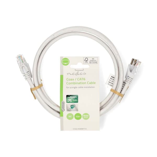 Coax & CAT6 Combi Cable | IEC (Coax) Han / RJ45 Han | IEC (Coax) Hun / RJ45 Han | Nikkelplateret | RG58 | 75 Ohm | Dobbelt afskærmet | 1.50 m | Runde