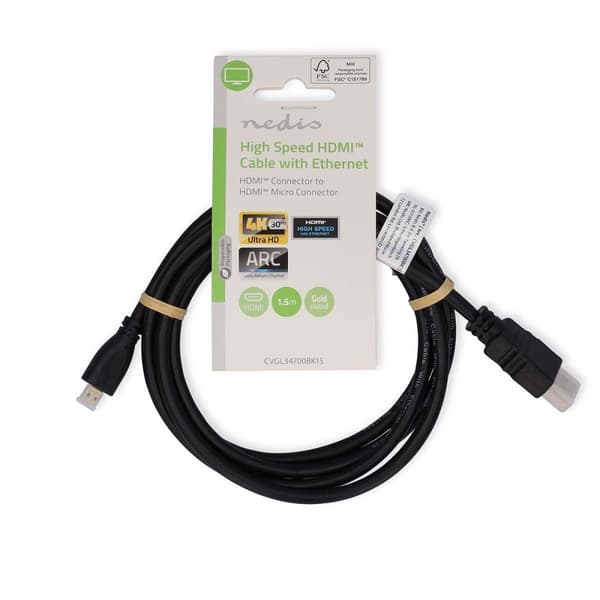 High Speed ​​HDMI ™ kabel med Ethernet | HDMI™ Stik | HDMI™ Micro-stik | 4K@30Hz | 10.2 Gbps | 1.50 m | Runde | PVC | Sort | Label