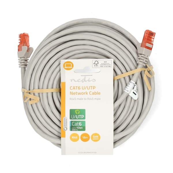 Kat 6 kabel | RJ45 Han | RJ45 Han | U/UTP | 15.0 m | Runde | PVC | Grå | Label