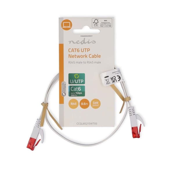 Kat 6 kabel | RJ45 Han | RJ45 Han | U/UTP | 0.50 m | Snagless | Fladt | PVC | Hvid | Label