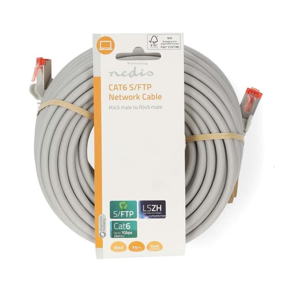 Kat 6 kabel | RJ45 Han | RJ45 Han | S/FTP | 15.0 m | Runde | LSZH | Grå | Label