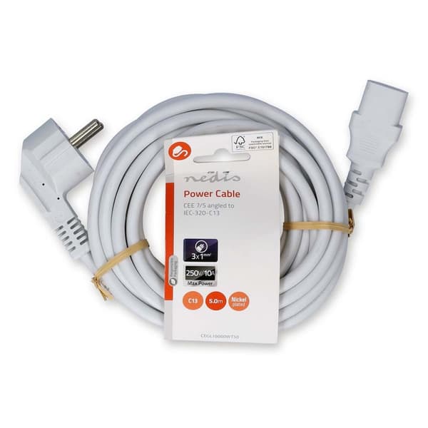 Strømkabel | Jordet kontakt han | IEC-320-C13 | Vinklet | Rett | Nikkel belagt | 5.00 m | Rund | PVC | Hvit | Label