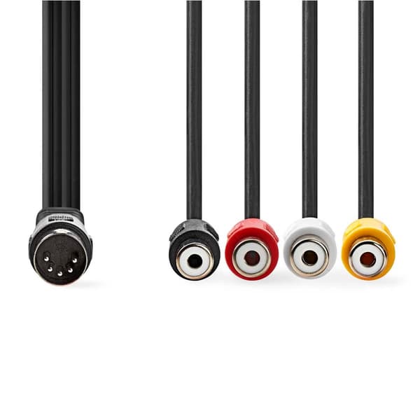 DIN Audio kabel | DIN 5-Pin Han | 4 x RCA, Hunstik | Nikkelplateret | 0.20 m | Runde | PVC | Sort | Label