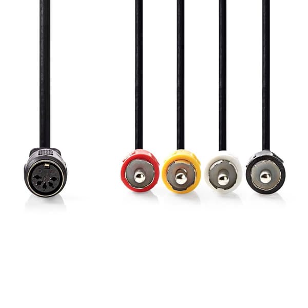 DIN lydkabel | DIN 5-pins hun | 4x RCA han | Nikkel belagt | 0.20 m | Rund | PVC | Sort | Label