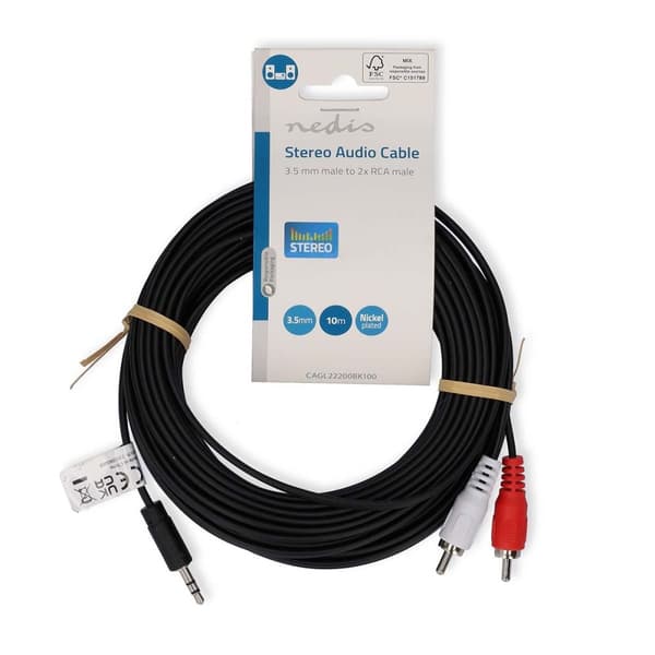 Stereoljudkabel | 3.5 mm Hane | 2x RCA Hane | Nickelplaterad | 10.0 m | Rund | Svart | Label