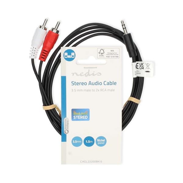 Stereo Audio kabel | 3.5 mm Hanstik | 2x RCA Hanstik | Nikkelplateret | 1.50 m | Runde | Sort | Label