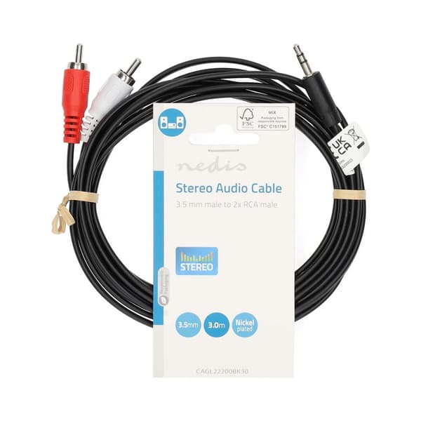 Stereo Audio kabel | 3.5 mm Hanstik | 2x RCA Hanstik | Nikkelplateret | 3.00 m | Runde | Sort | Label