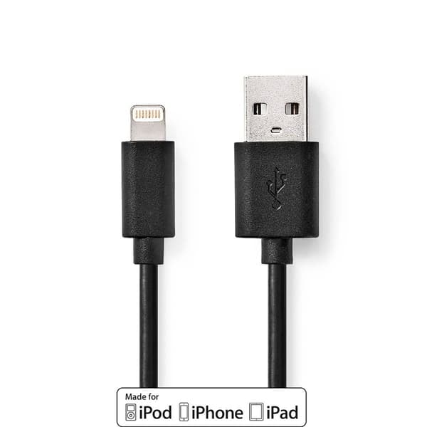 Lightning Kabel | USB 2.0 | Apple Lightning, 8-stifts | USB-A Hane | 480 Mbps | Nickelplaterad | 2.00 m | Rund | PVC | Svart | Label