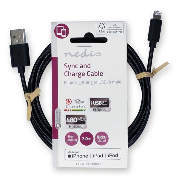 Lightning Kabel | USB 2.0 | Apple Lightning, 8-stifts | USB-A Hane | 480 Mbps | Nickelplaterad | 2.00 m | Rund | PVC | Svart | Label