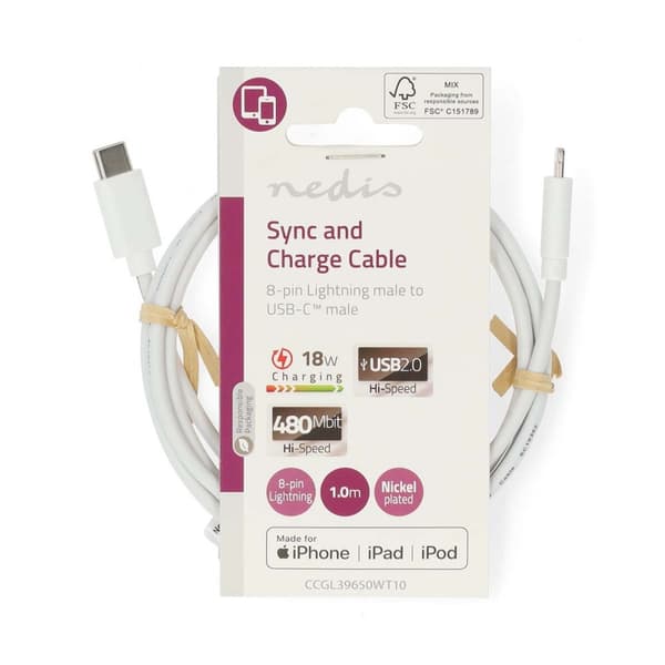 Lightning Kabel | USB 2.0 | Apple Lightning 8-pin | USB-C™ Han | 480 Mbps | Nikkelplateret | 1.00 m | Runde | PVC | Hvid | Label