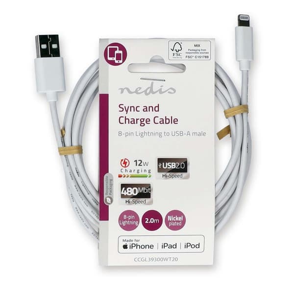Lightning Kaapeli | USB 2.0 | Apple Lightning 8-Pin | USB-A Uros | 480 Mbps | Niklattu | 2.00 m | Pyöreä | PVC | Valkoinen | Label
