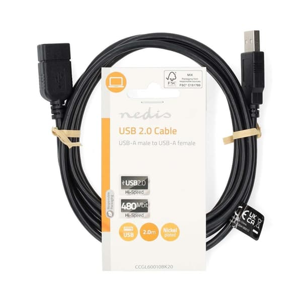USB-kabel | USB 2.0 | USB-A Hane | USB-A Hona | 480 Mbps | Nickelplaterad | 2.00 m | Rund | PVC | Svart | Label