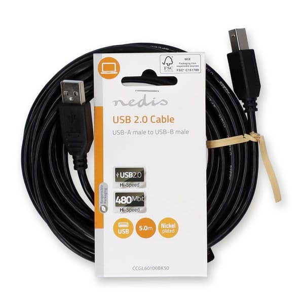 USB kaapeli | USB 2.0 | USB-A Uros | USB-B Uros | 10 W | 480 Mbps | Niklattu | 5.00 m | Pyöreä | PVC | Musta | Label