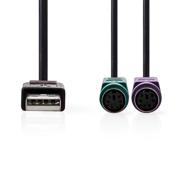 2 i 1kabel | USB 2.0 | USB-A Hane | 2x PS/2 Hona | 480 Mbps | 0.30 m | Nickelplaterad | Rund | PVC | Svart | Låda