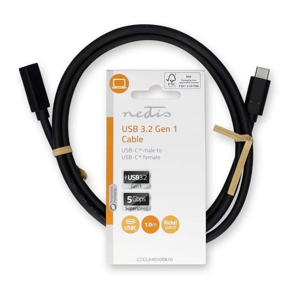 USB kaapeli | USB 3.2 Gen 1 | USB-C™ Uros | USB-C™ Naaras | 60 W | 4K@60Hz | 5 Gbps | Niklattu | 1.00 m | Pyöreä | PVC | Musta | Label