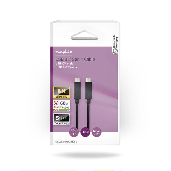 USB-kabel | USB 3.2 Gen 1 | USB-C™ Hane | USB-C™ Hane | 60 W | 4K@60Hz | 5 Gbps | Nickelplaterad | 3.00 m | Rund | PVC | Svart | Låda