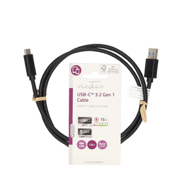USB kaapeli | USB 3.2 Gen 1 | USB-A Uros | USB-C™ Uros | 15 W | 5 Gbps | Niklattu | 1.00 m | Pyöreä | PVC | Musta | Label