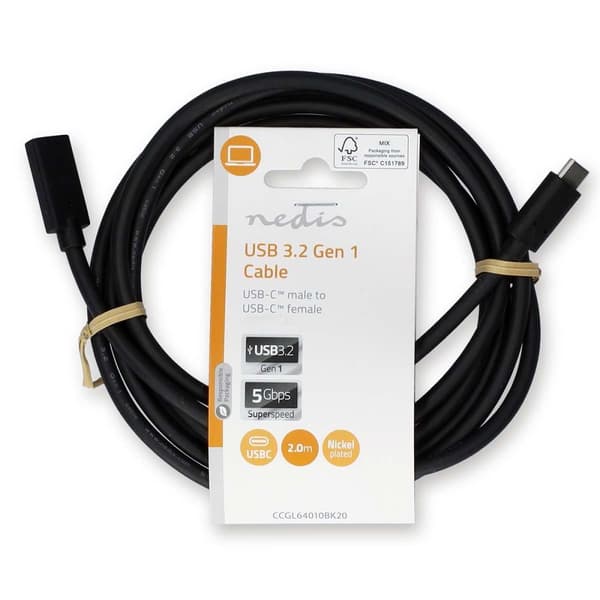 USB kaapeli | USB 3.2 Gen 1 | USB-C™ Uros | USB-C™ Naaras | 60 W | 4K@60Hz | 5 Gbps | Niklattu | 2.00 m | Pyöreä | PVC | Musta | Label