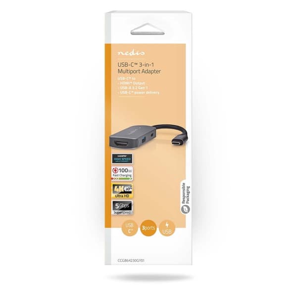 USB Multi-Port Adapter | USB 3.2 Gen 1 | USB-C™ Han | HDMI ™ -udgang / USB-A Hun / USB-C™ Hun | 5 Gbps | 0.10 m | Runde | Nikkelplateret | PVC | Grå |