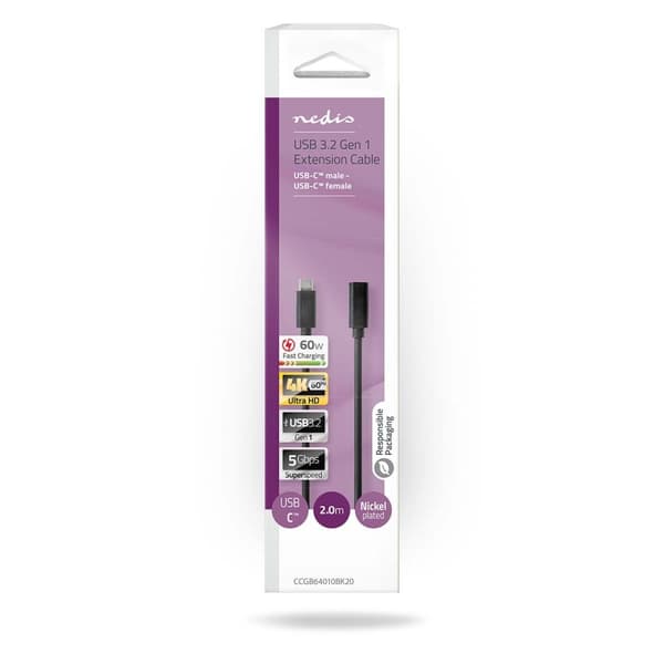 USB kaapeli | USB 3.2 Gen 1 | USB-C™ Uros | USB-C™ Naaras | 4K@60Hz | 5 Gbps | Niklattu | 2.00 m | Pyöreä | PVC | Musta | Laatikko