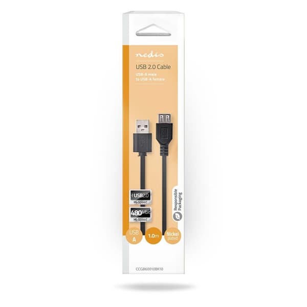 USB kaapeli | USB 2.0 | USB-A Uros | USB-A Naaras | 480 Mbps | Niklattu | 1.00 m | Pyöreä | PVC | Musta | Laatikko