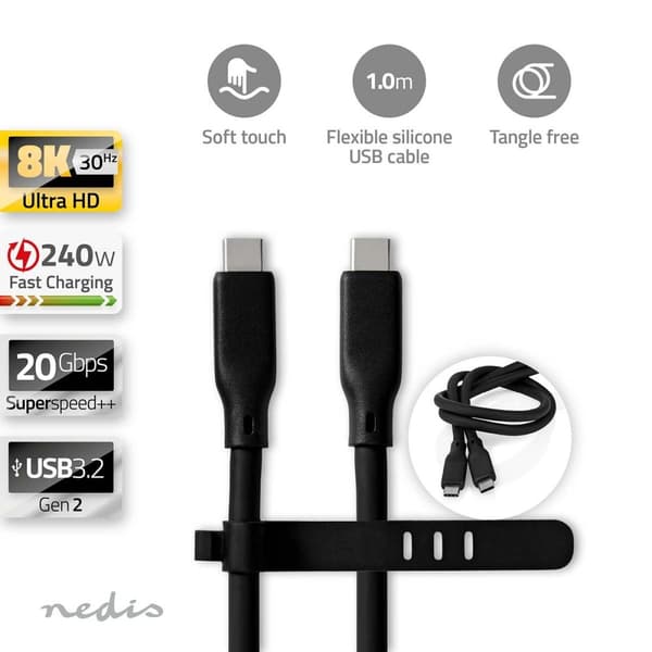 USB-kabel | USB 3.2 Gen 2 | USB-C™ Hane | USB-C™ Hane | 240 W | 8K@30Hz | 20 Gbps | Nickelplaterad | 1.00 m | Rund | Silikon | Svart | Låda