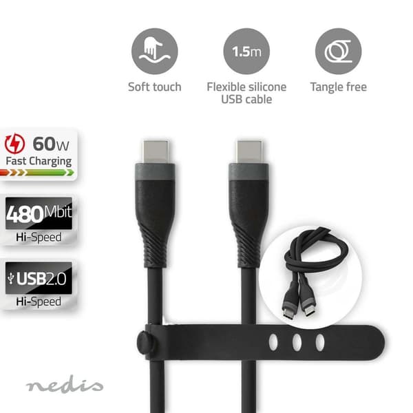 USB-kabel | USB 2.0 | USB-C™ Hane | USB-C™ Hane | 60 W | 480 Mbps | Nickelplaterad | 1.50 m | Rund | Silikon | Svart | Låda