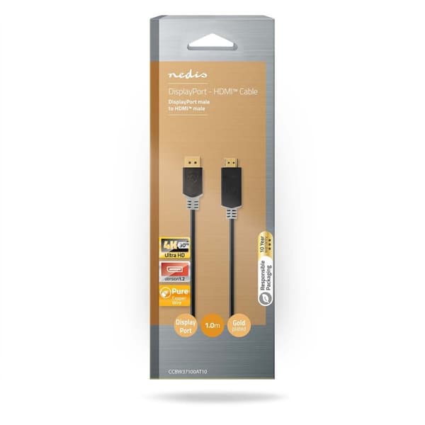 Displayport-kabel | DisplayPort Han | HDMI ™ -kontakt | 4K@30Hz | Gull belagt | 1.00 m | Rund | PVC | Antrasitt | Boks