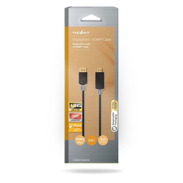 Displayport-kabel | DisplayPort Hane | HDMI™ Kontakt | 4K@30Hz | Guldplaterad | 3.00 m | Rund | PVC | Antracit | Låda