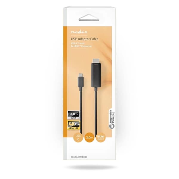 USB-C™ Adapter | USB 3.2 Gen 1 | USB-C™ Han | HDMI™ Stik | 4K@60Hz | 2.00 m | Runde | Nikkelplateret | PVC | Sort | Box