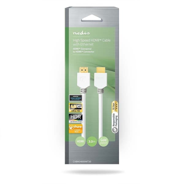 High Speed ​​HDMI ™ kabel med Ethernet | HDMI™ Kontakt | HDMI™ Kontakt | 4K@60Hz | ARC | 18 Gbps | 3.00 m | Rund | PVC | Vit | Låda