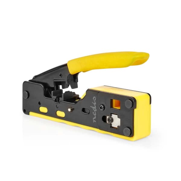 Crimp pliers | CAT5 / CAT5e / CAT6 / CAT6a / CAT7 / RJ12 / RJ45 | Cutting / Plier / Stripping | Gummi / Stål | Gul / Sort