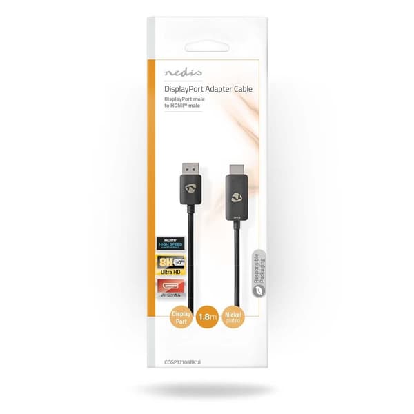 DisplayPort-sovitin | DisplayPort uros | HDMI™ liitin | 8K@30Hz | Niklattu | Suora | 1.80 m | Pyöreä | TPE | Musta | Kirjekuori