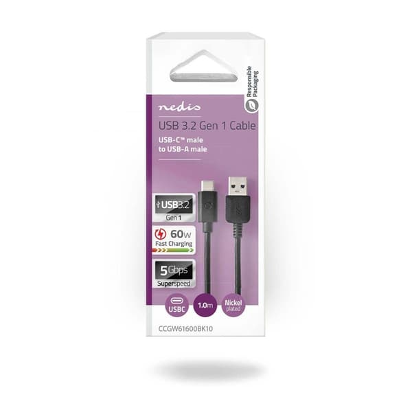 USB-kabel | USB 3.2 Gen 1 | USB-A Hane | USB-C™ Hane | 60 W | 5 Gbps | Nickelplaterad | 1.00 m | Rund | PVC | Svart | Låda