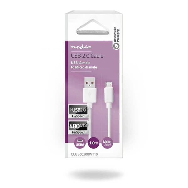 USB-kabel | USB 2.0 | USB-A Han | USB Micro-B Han | 480 Mbps | Nikkel belagt | 1.00 m | Rund | PVC | Hvit | Boks