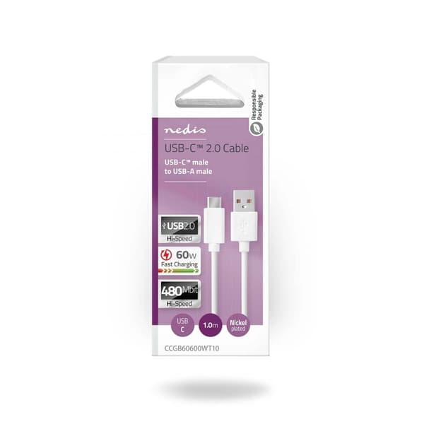USB kaapeli | USB 2.0 | USB-A Uros | USB-C™ Uros | 60 W | 480 Mbps | Niklattu | 1.00 m | Pyöreä | PVC | Valkoinen | Laatikko