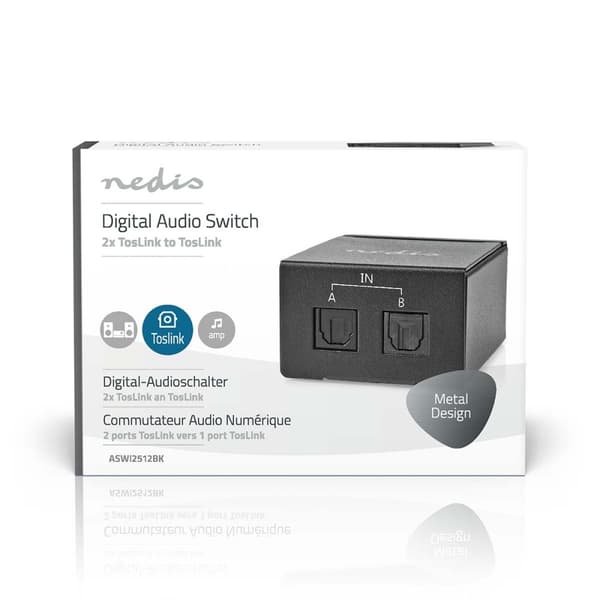 Digital Audio Switch | Tvåvägs | Anslutningsingång: DC Ström / 2x TosLink | Anslutningsutgång: TosLink Hona | Instruktionsbok / Omkopplare | Metall |