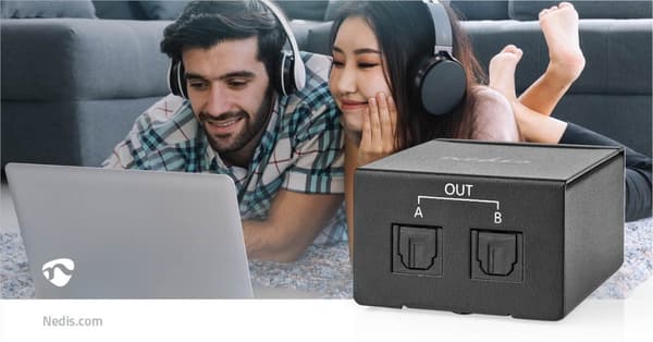 TosLink Splitter | Tvåvägs | Anslutningsingång: TosLink Hona | Anslutningsutgång: 2x TosLink | Knapp | Metall | Svart