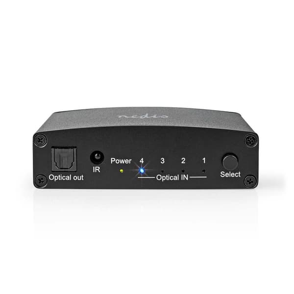 Digital Audio Switch | 4-veis | Koblingsinngang: DC-strøm / 4x TosLink | Koblingsutgang: TosLink Hun | Fjernkontroll / Manuell / Trykk på knappen | Me