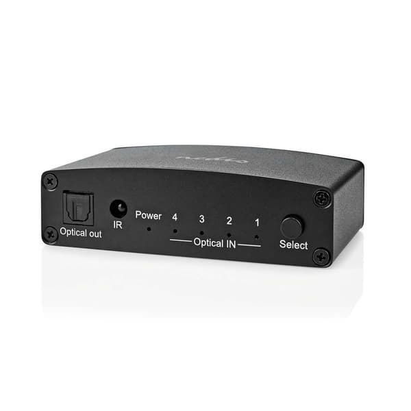 Digital Audio Switch | 4-veis | Koblingsinngang: DC-strøm / 4x TosLink | Koblingsutgang: TosLink Hun | Fjernkontroll / Manuell / Trykk på knappen | Me