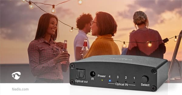 Digital Audio Switch | 4-veis | Koblingsinngang: DC-strøm / 4x TosLink | Koblingsutgang: TosLink Hun | Fjernkontroll / Manuell / Trykk på knappen | Me