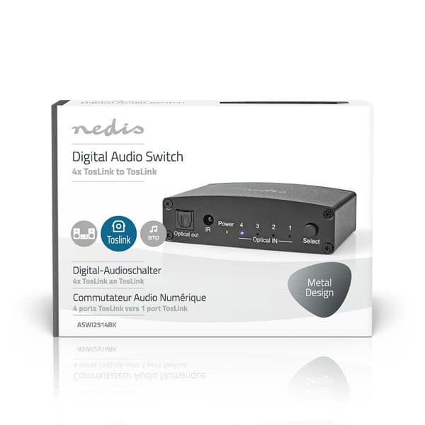 Digital Audio Switch | 4-veis | Koblingsinngang: DC-strøm / 4x TosLink | Koblingsutgang: TosLink Hun | Fjernkontroll / Manuell / Trykk på knappen | Me